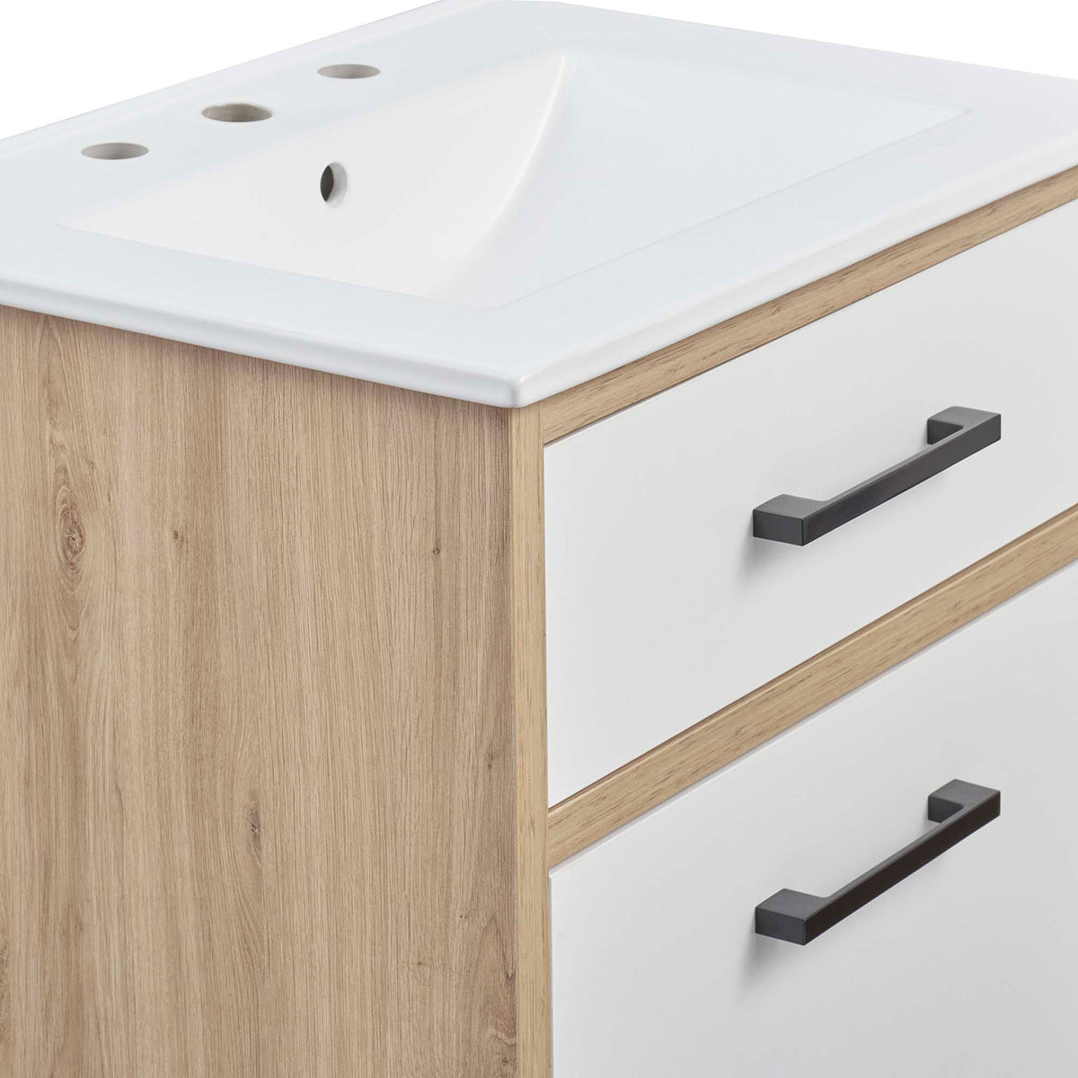 Textured oak woodgrain, matte black hardware, and smooth white drawer panels || EEI-6498-WHI-OAK || detail_studio