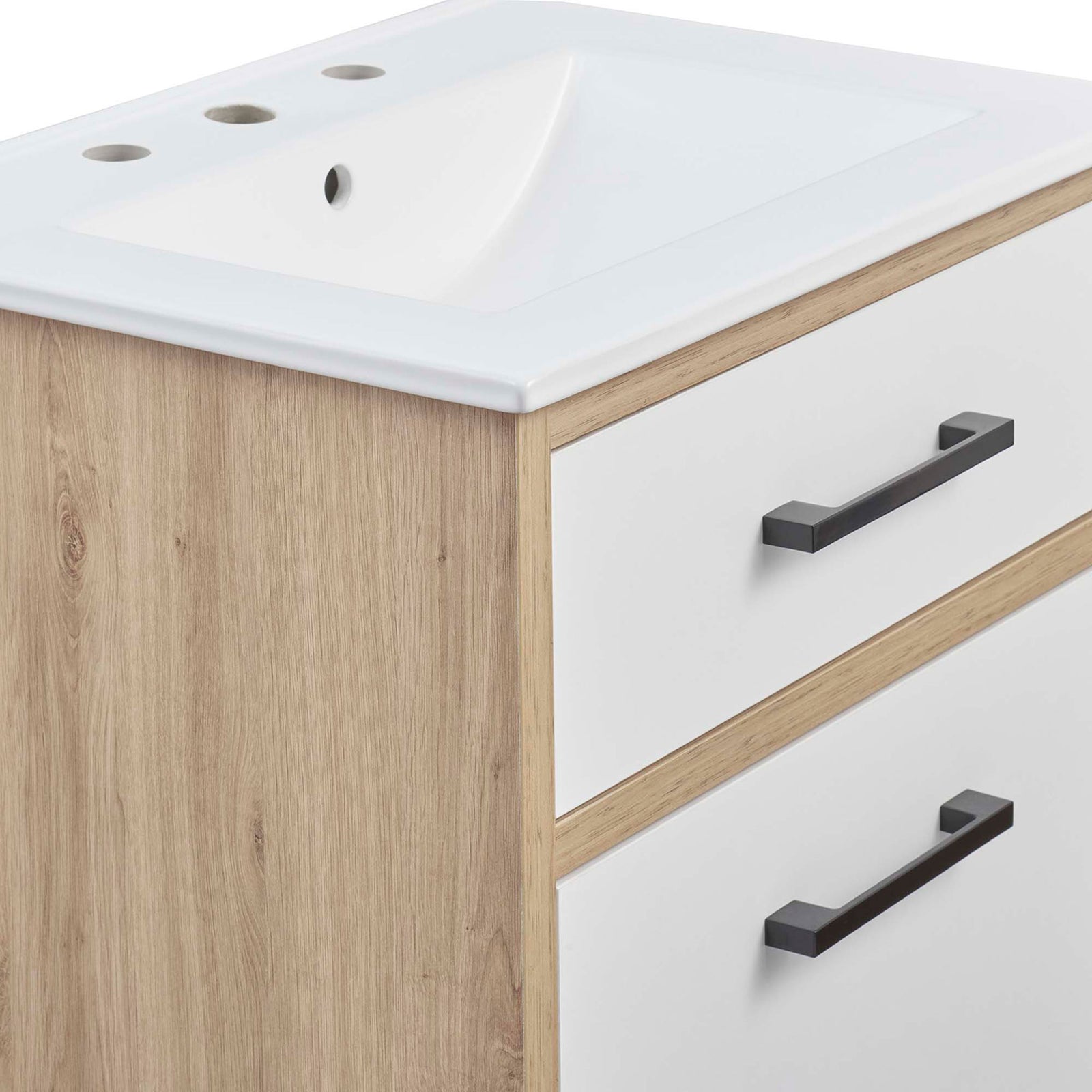 Textured oak woodgrain, matte black hardware, and smooth white drawer panels || EEI-6498-WHI-OAK || detail_studio