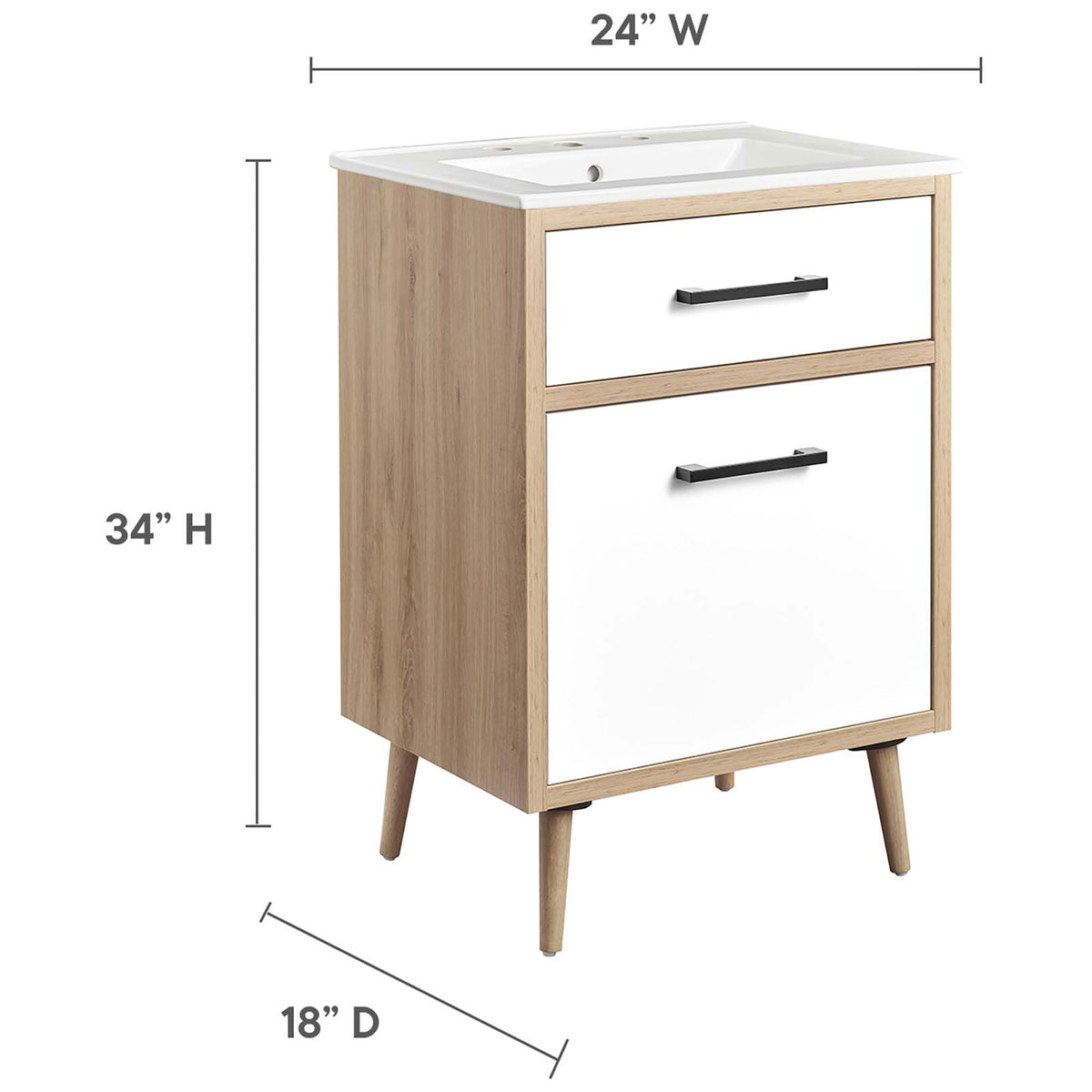 24 in. W x 34 in. H x 18 in. D vanity dimensions for space-saving bathrooms || EEI-6498-WHI-OAK || dimension_studio