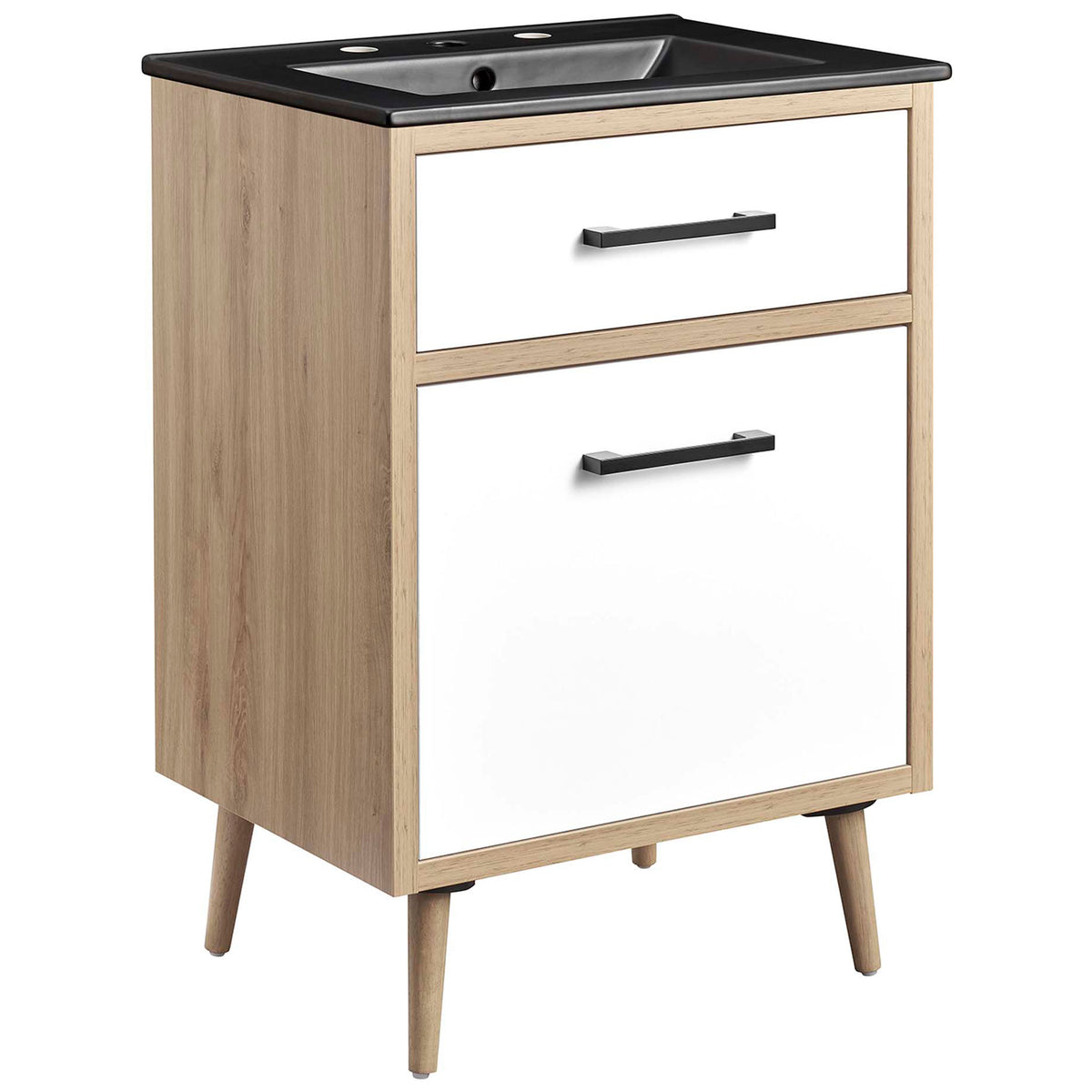 Mid-century vanity in black oak with white drawer fronts, matte black pulls, and sleek basin || EEI-6499-BLK-OAK || front_angle_studio
