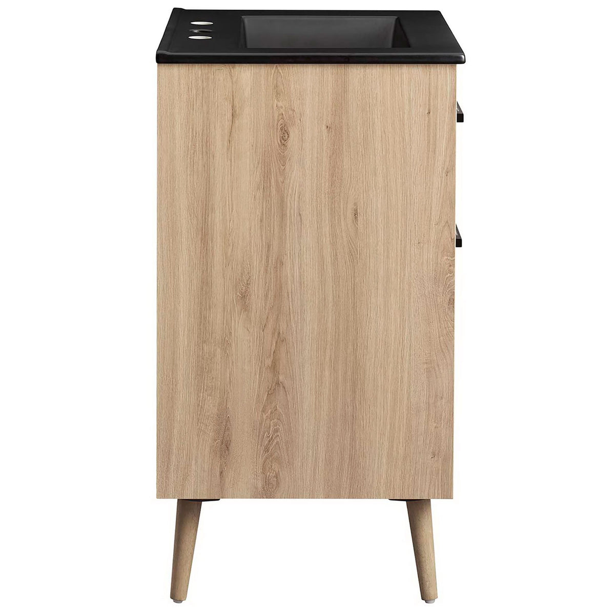 Clean-lined vanity in warm oak finish with tapered legs and integrated black countertop || EEI-6499-BLK-OAK || side_studio