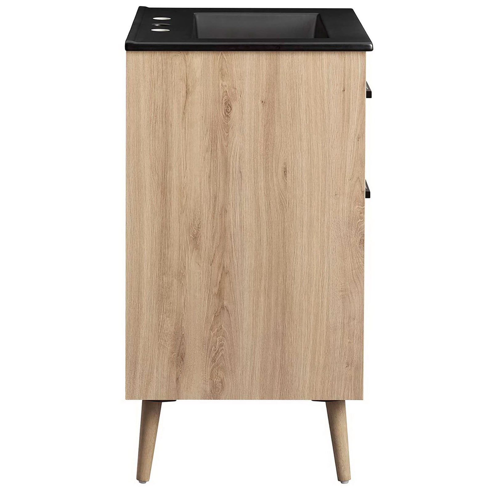 Clean-lined vanity in warm oak finish with tapered legs and integrated black countertop || EEI-6499-BLK-OAK || side_studio