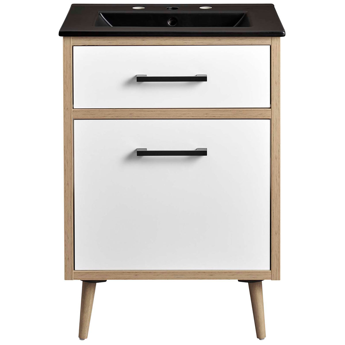 Compact 24 inch vanity with black countertop, white drawers, and oak finish on tapered legs || EEI-6499-BLK-OAK || front_studio