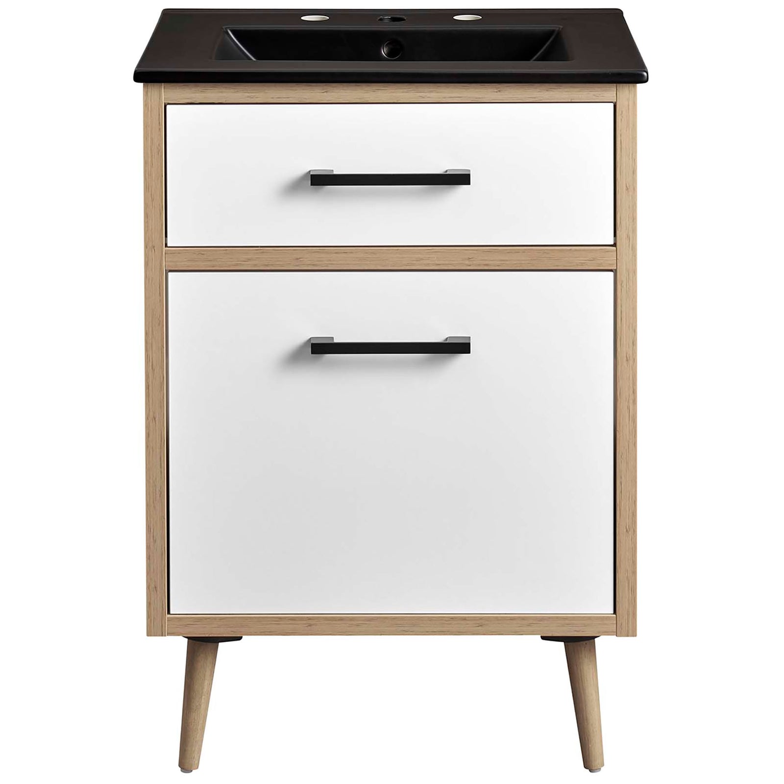 Compact 24 inch vanity with black countertop, white drawers, and oak finish on tapered legs || EEI-6499-BLK-OAK || front_studio