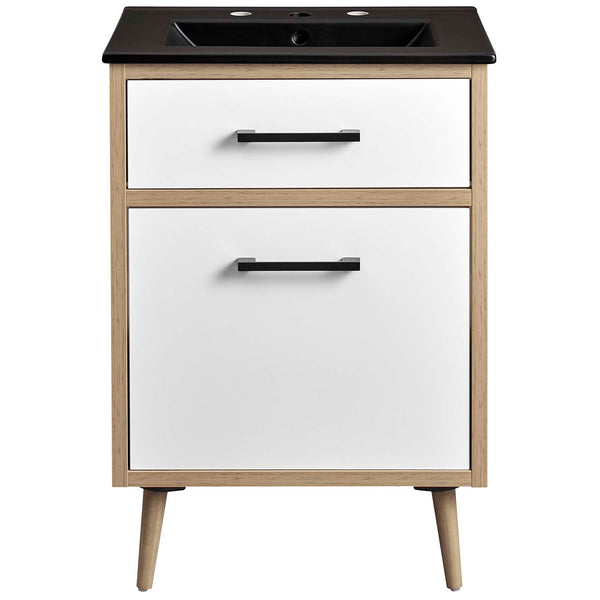 Compact 24 inch vanity with black countertop, white drawers, and oak finish on tapered legs || EEI-6499-BLK-OAK || front_studio