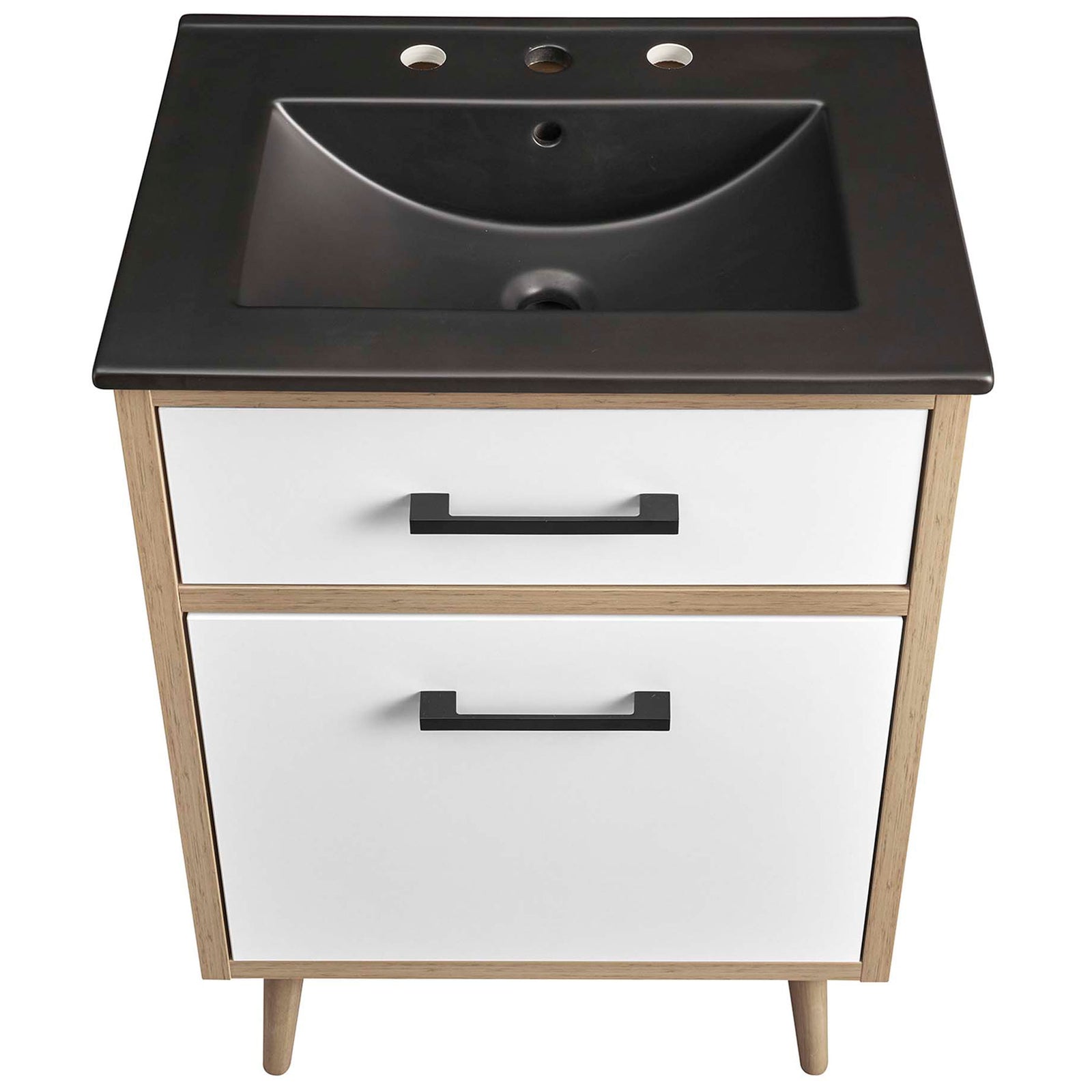 Integrated black ceramic basin with 8 inch faucet holes and smooth countertop || EEI-6499-BLK-OAK || top_studio