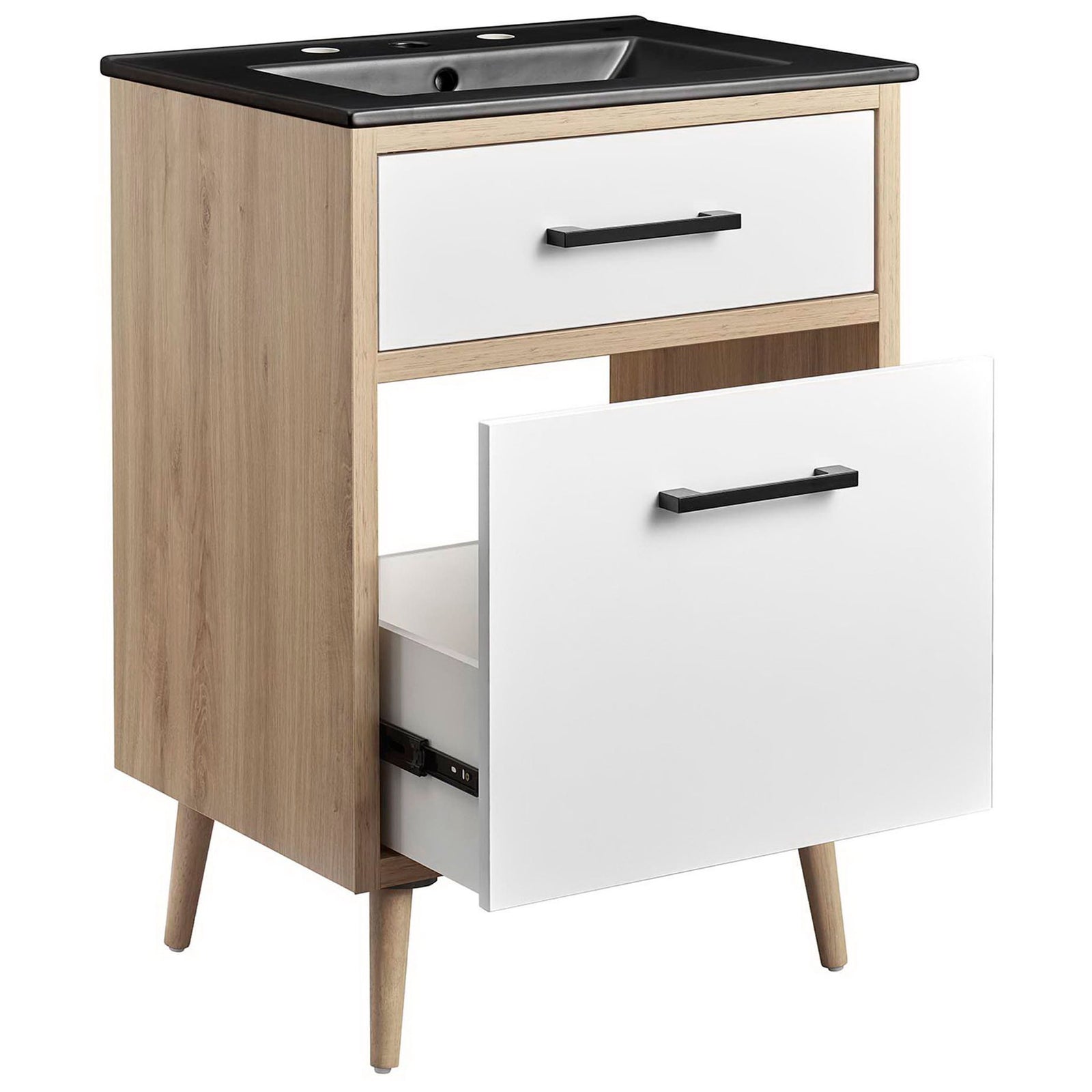 Bottom drawer glides open to reveal spacious storage beneath the sleek black basin || EEI-6499-BLK-OAK || front_angle_open_studio
