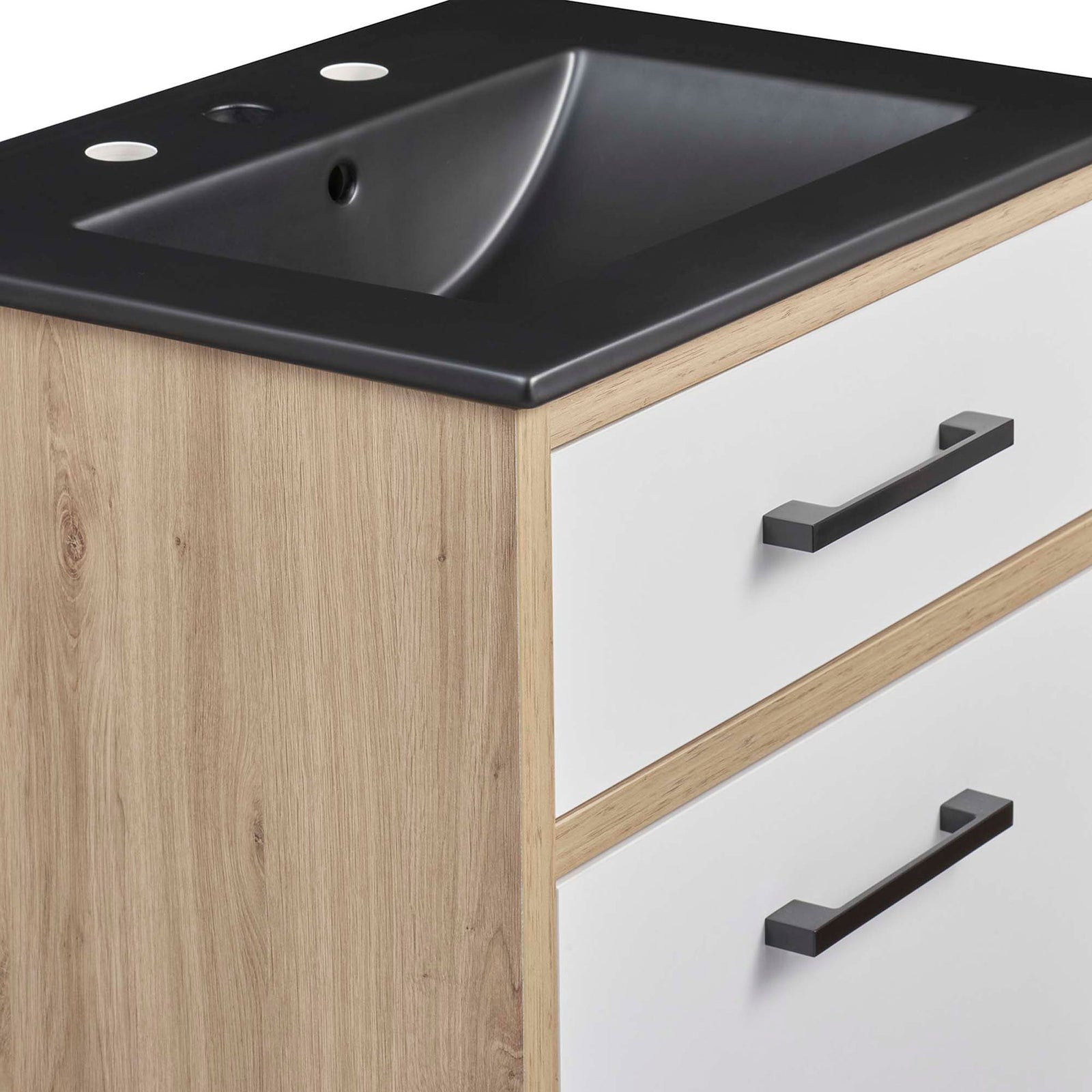 Sleek black basin and crisp white fronts with modern metal pulls || EEI-6499-BLK-OAK || detail_studio