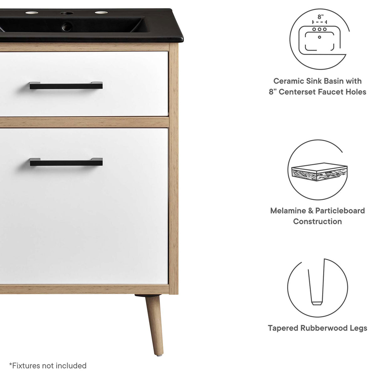 Key features highlighted: ceramic sink basin, durable melamine build, and tapered rubberwood legs || EEI-6499-BLK-OAK || callout_studio