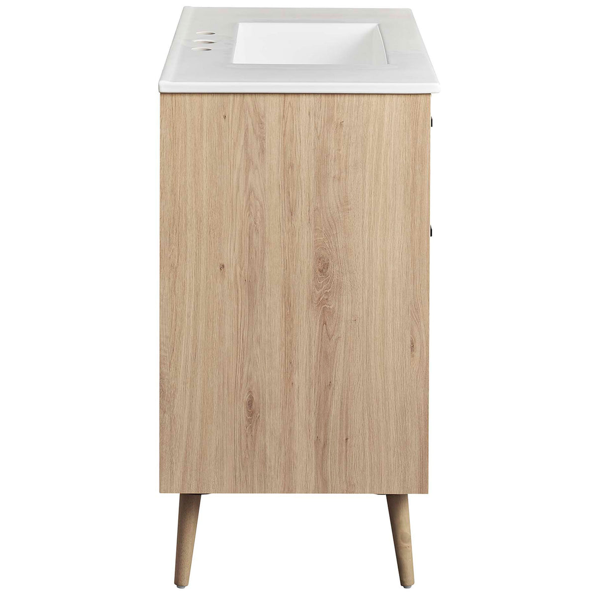 Streamlined white oak cabinet body with refined woodgrain and angled legs || EEI-6500-WHI-OAK || side_studio