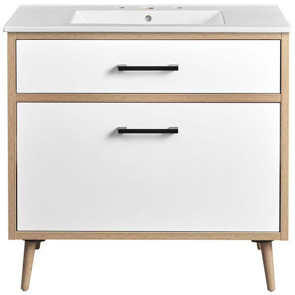 Generous 36-inch vanity with sleek dual panels and modern matte black hardware || EEI-6500-WHI-OAK || front_studio