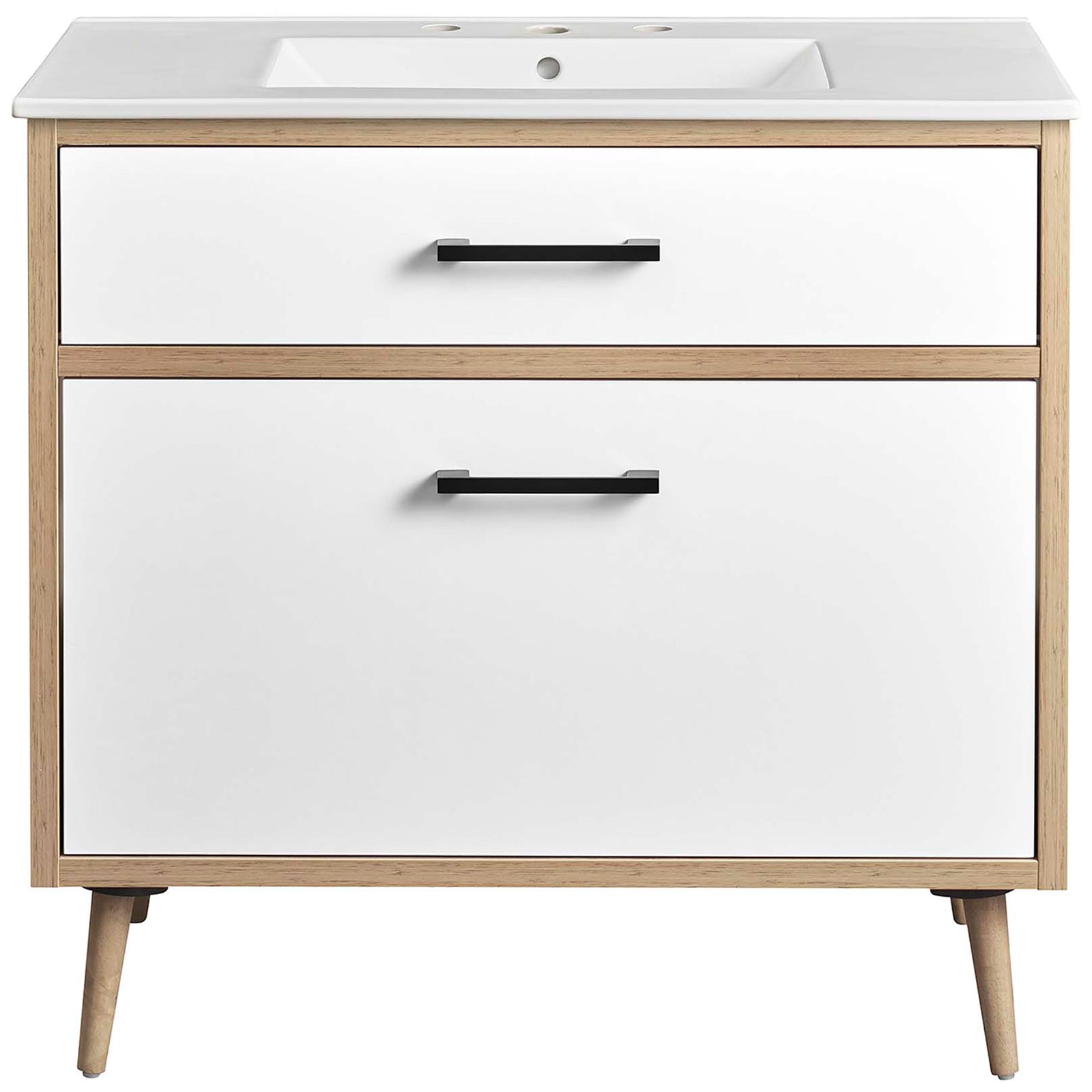 Generous 36-inch vanity with sleek dual panels and modern matte black hardware || EEI-6500-WHI-OAK || front_studio