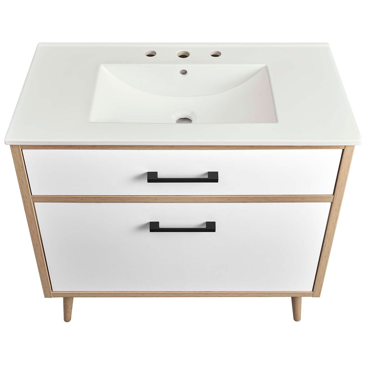 Wide ceramic countertop basin with three-hole, 8-inch faucet configuration || EEI-6500-WHI-OAK || top_studio