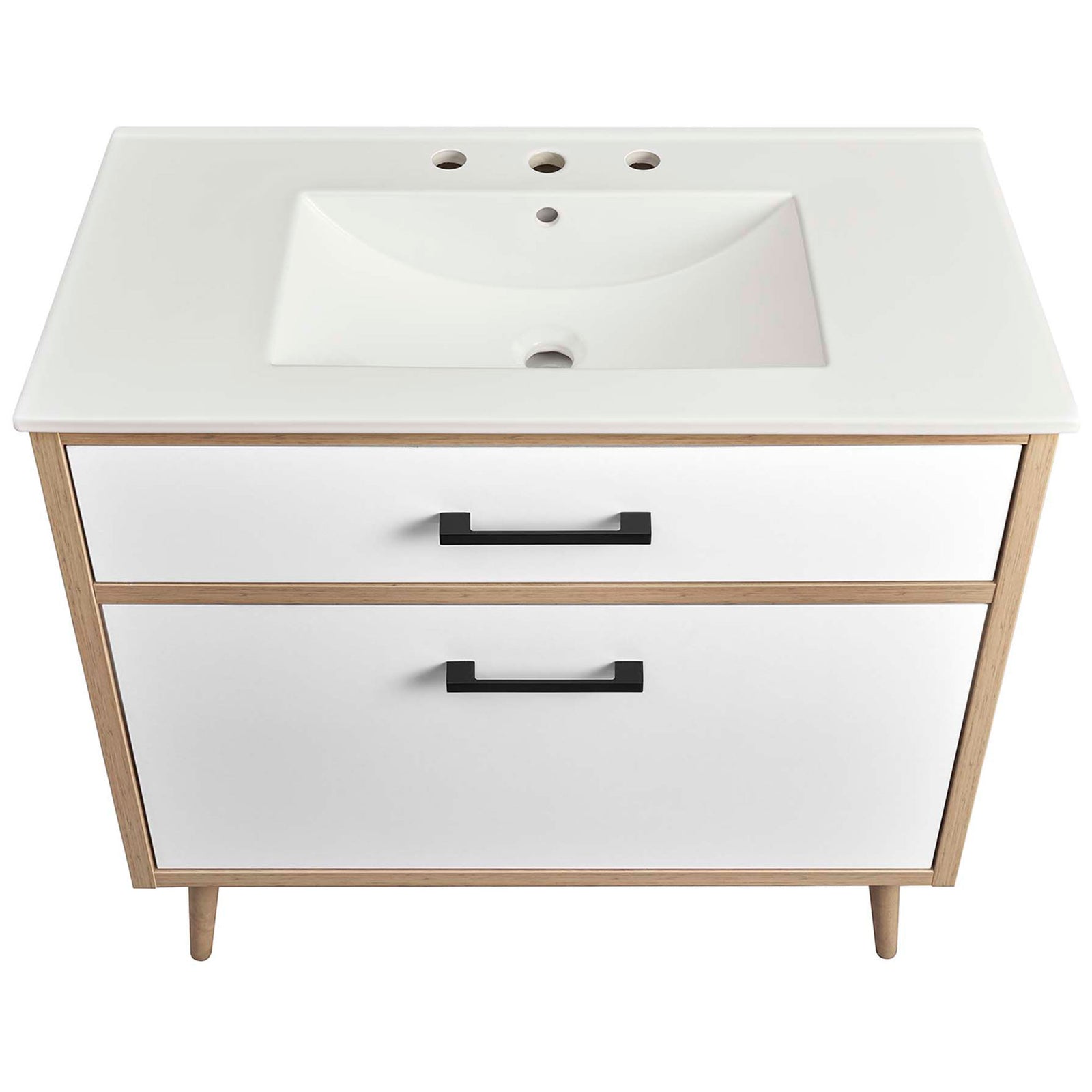 Wide ceramic countertop basin with three-hole, 8-inch faucet configuration || EEI-6500-WHI-OAK || top_studio