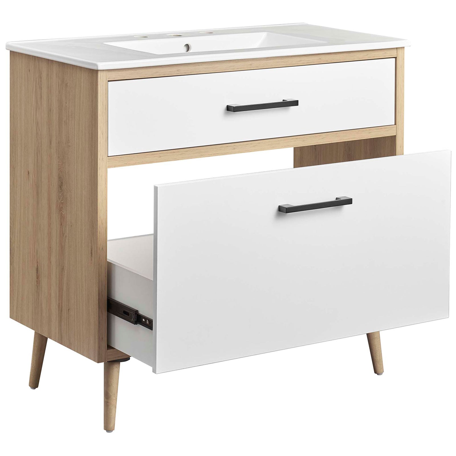 Oversized lower drawer glides open to reveal expansive storage capacity || EEI-6500-WHI-OAK || front_angle_open_studio