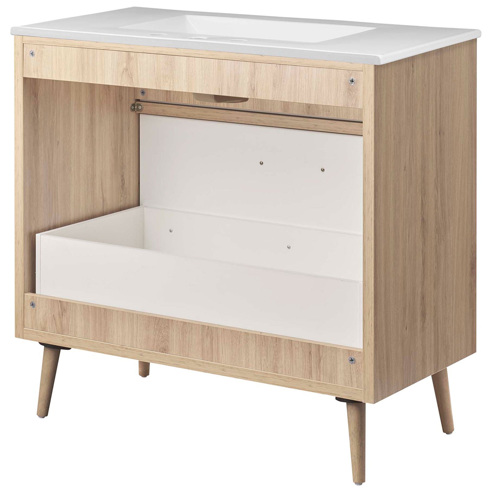 Sturdy cabinet framing with open back panel and interior drawer box for plumbing clearance || EEI-6500-WHI-OAK || back_angle_studio