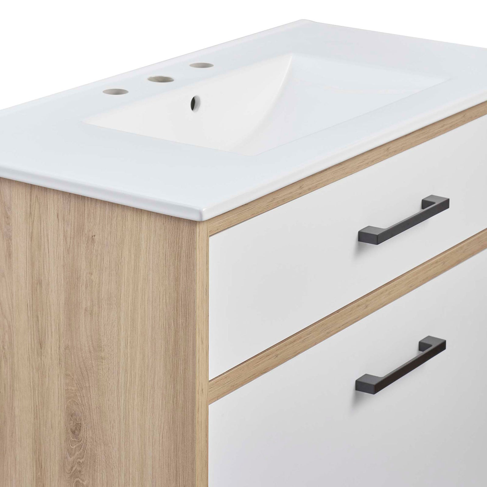 Crisp white fronts meet oak trim and square black pulls for a tailored look || EEI-6500-WHI-OAK || detail_studio