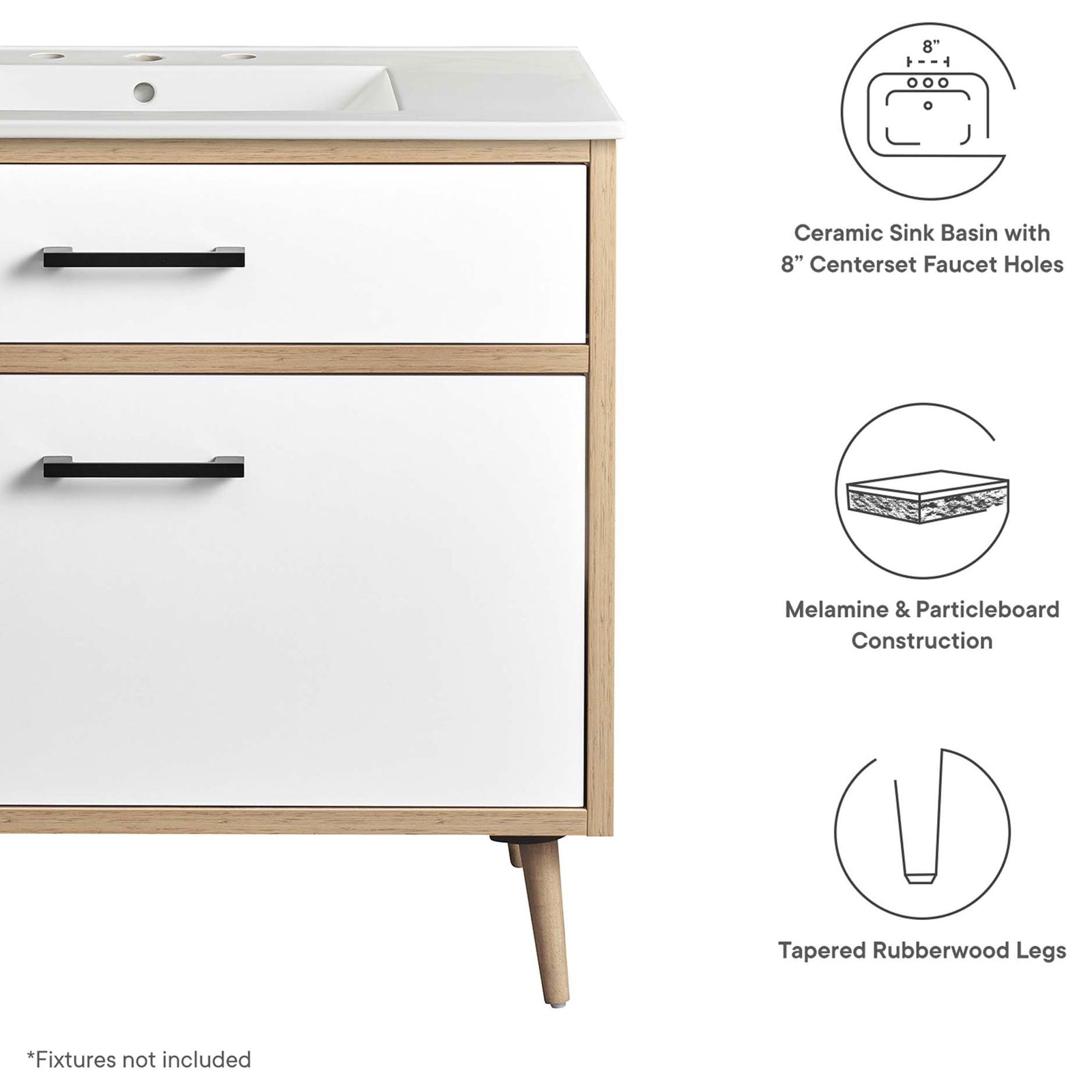Feature highlights: Ceramic sink, durable melamine build, and tapered rubberwood legs || EEI-6500-WHI-OAK || callout_studio