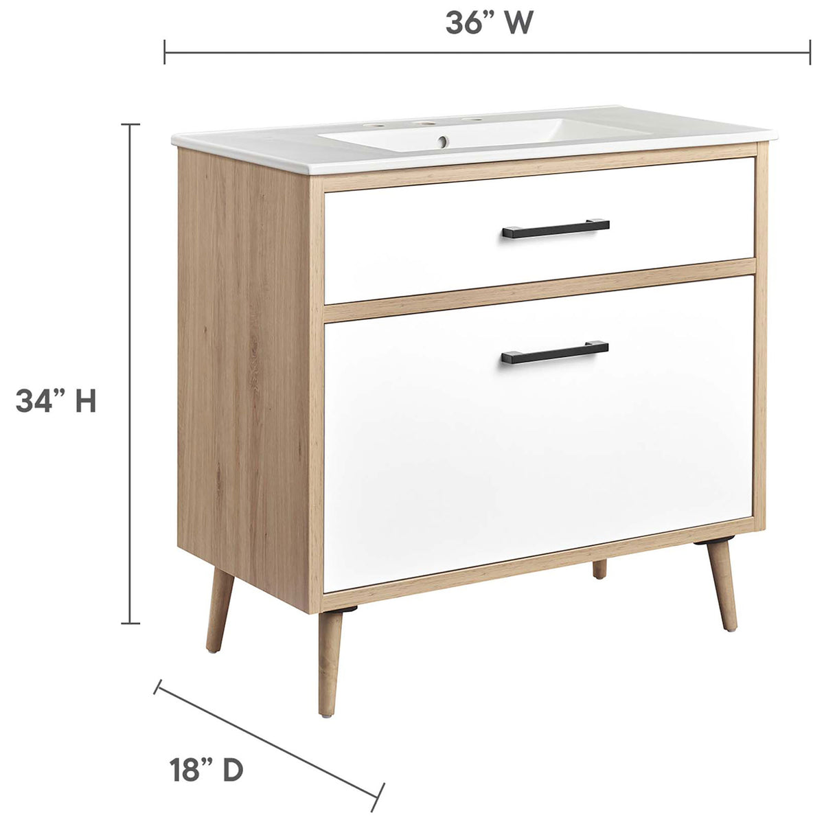 36 in. W x 34 in. H x 18 in. D vanity dimensions for ample counter space || EEI-6500-WHI-OAK || dimension_studio