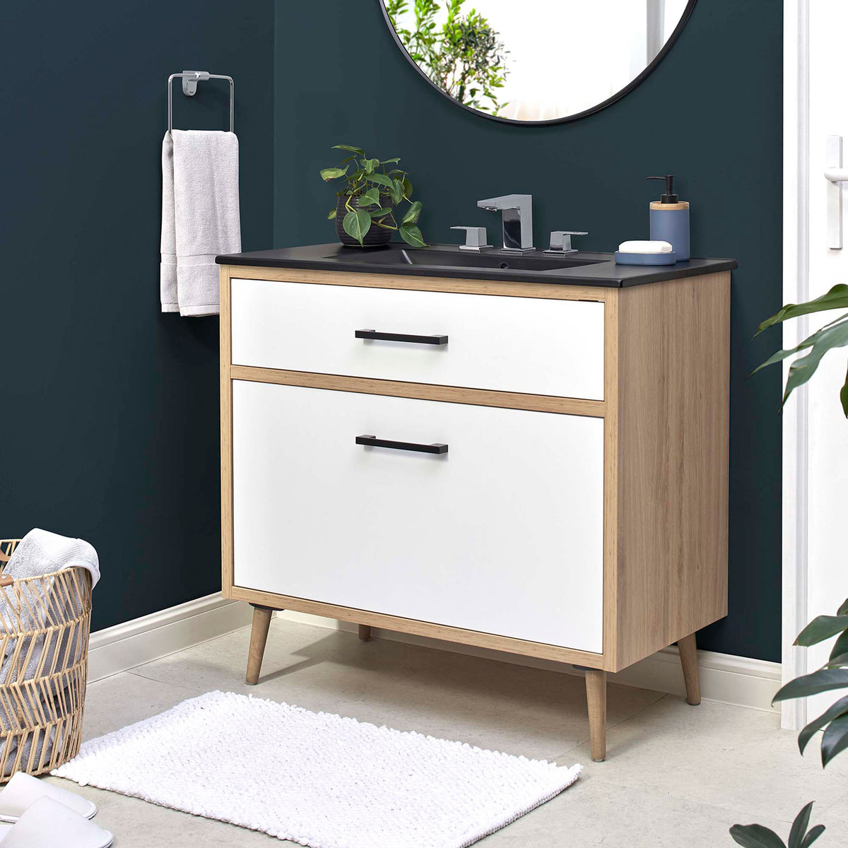 Elegant 36 inch vanity refreshes the bath with black top, white drawers, and oak finish || EEI-6501-BLK-OAK || front_angle_room