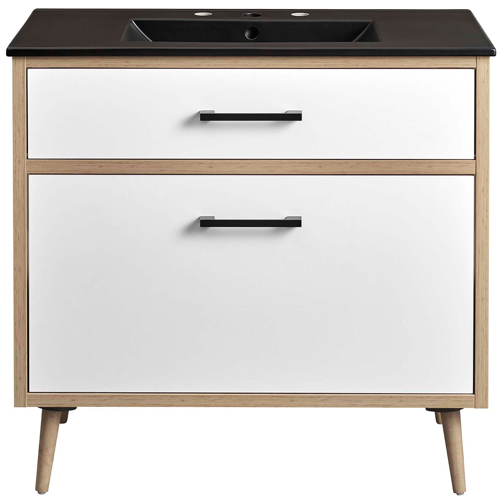 Roomy 36 inch vanity with black countertop, white drawers, and oak finish on tapered legs || EEI-6501-BLK-OAK || front_studio