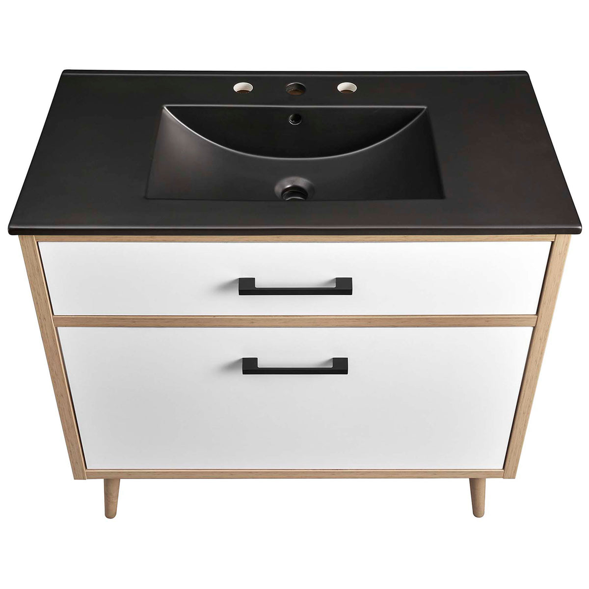 Integrated black ceramic basin with 8 inch faucet holes and smooth top || EEI-6501-BLK-OAK || top_studio