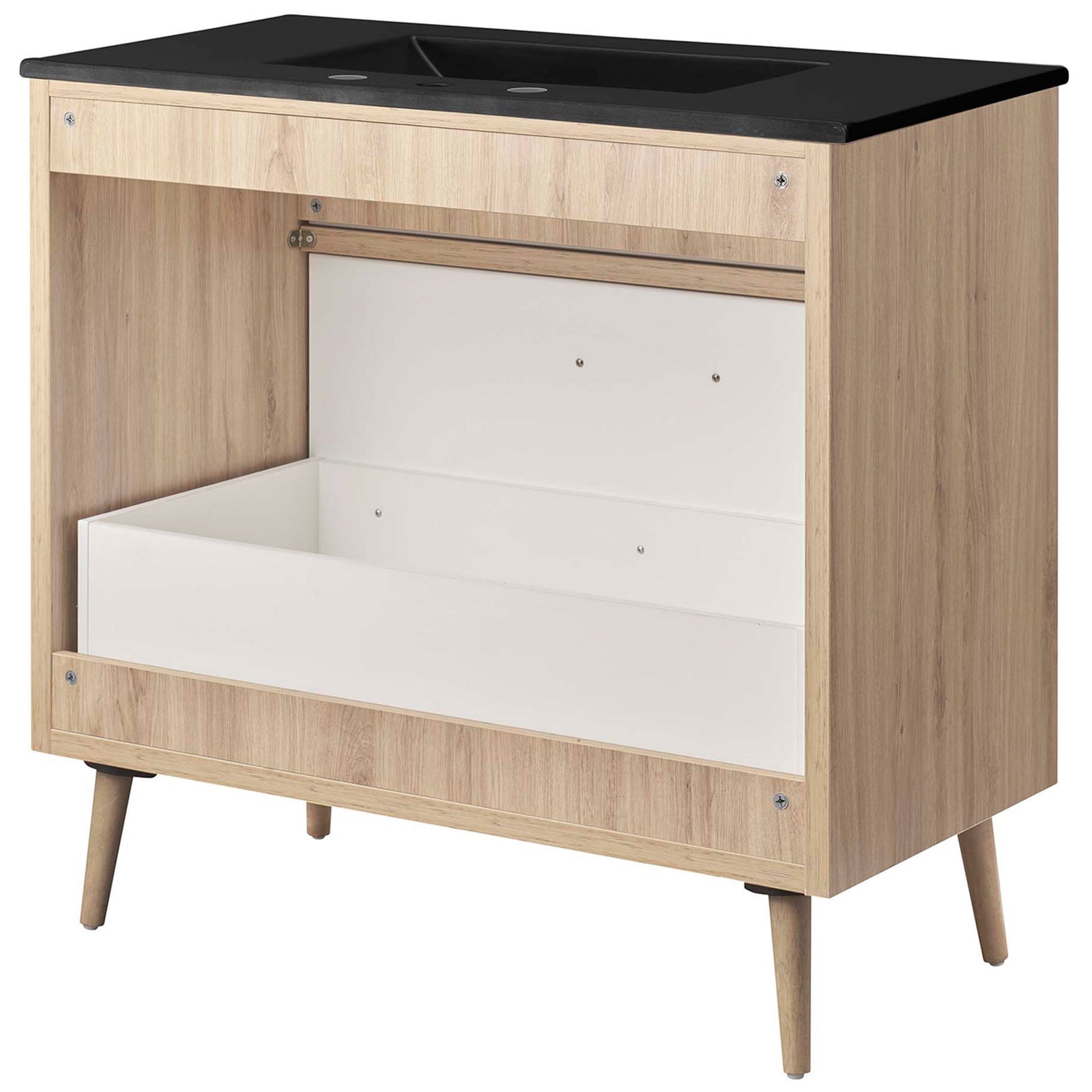 Open-back cabinet design provides easy plumbing access and sturdy construction || EEI-6501-BLK-OAK || back_angle_studio