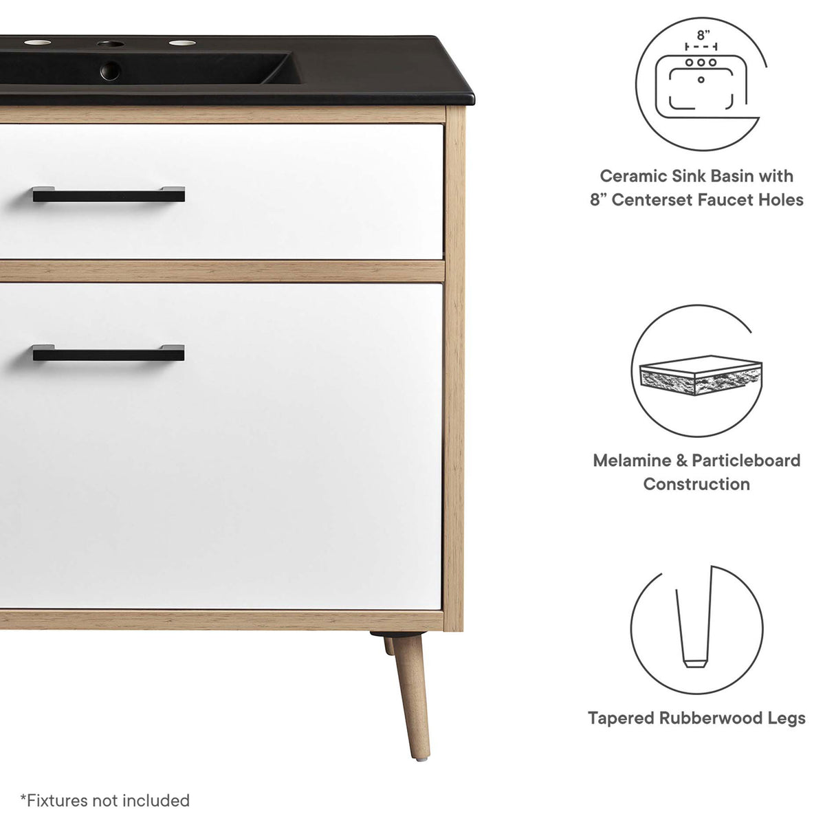 Feature highlights include a ceramic basin, melamine construction, and tapered rubberwood legs || EEI-6501-BLK-OAK || callout_studio