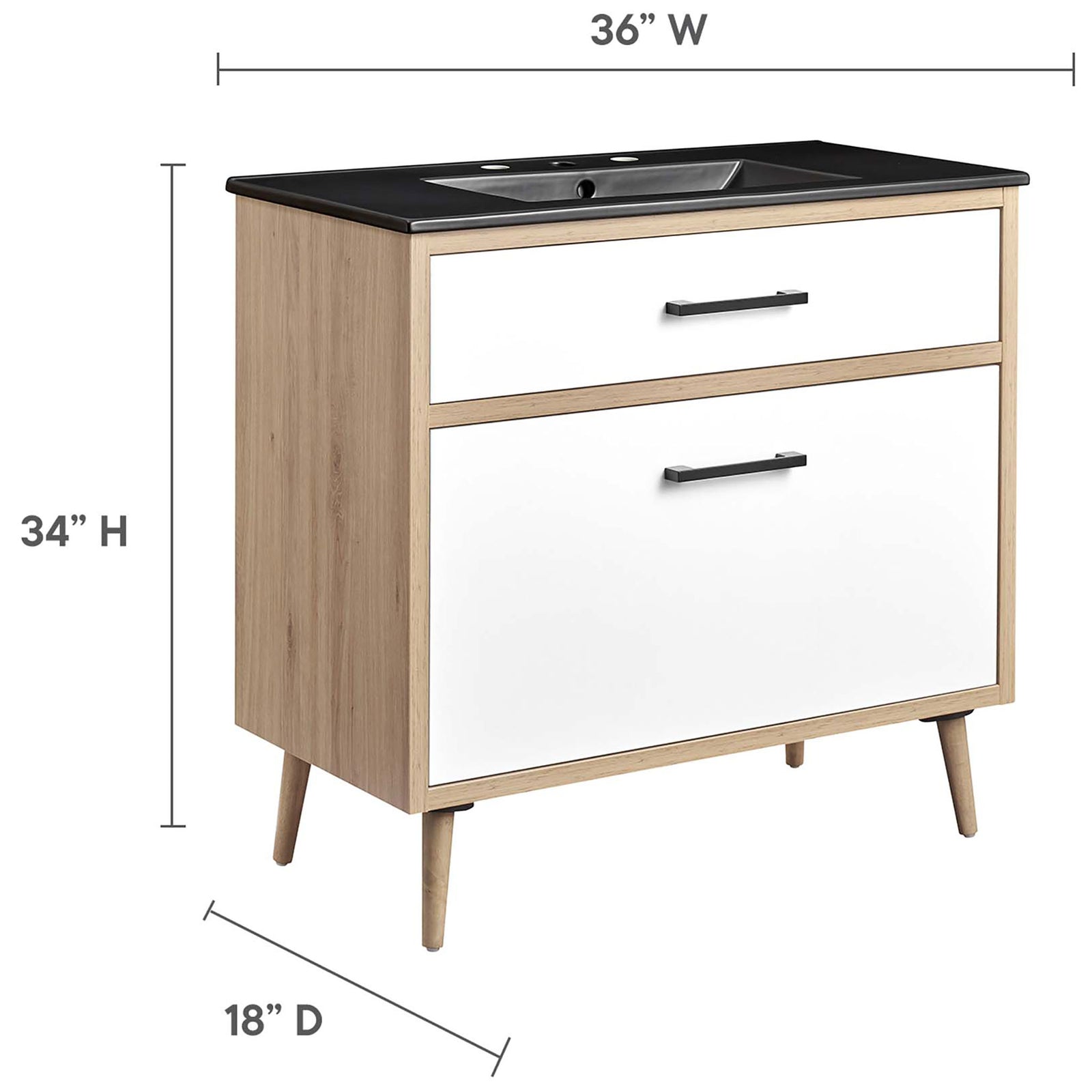 Dimensions for the 36 inch vanity to guide bathroom planning || EEI-6501-BLK-OAK || dimension_studio