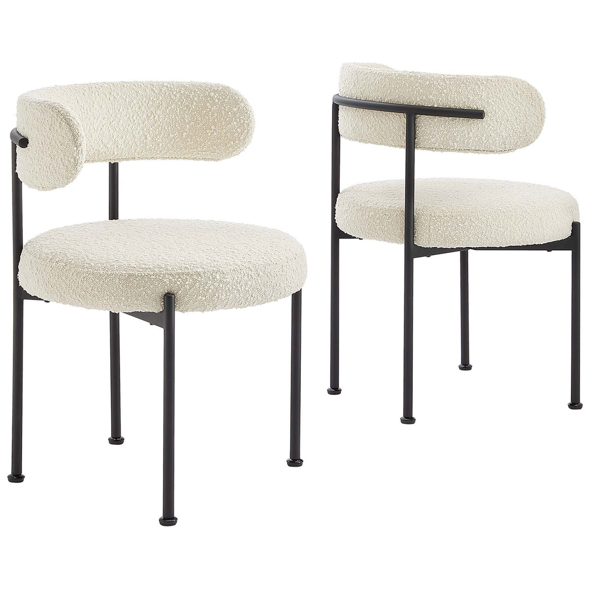 Set of two ivory boucle dining chairs with rounded seats and slim black tubular frames. || EEI-6516-IVO-BLK || front_angle_multi_studio