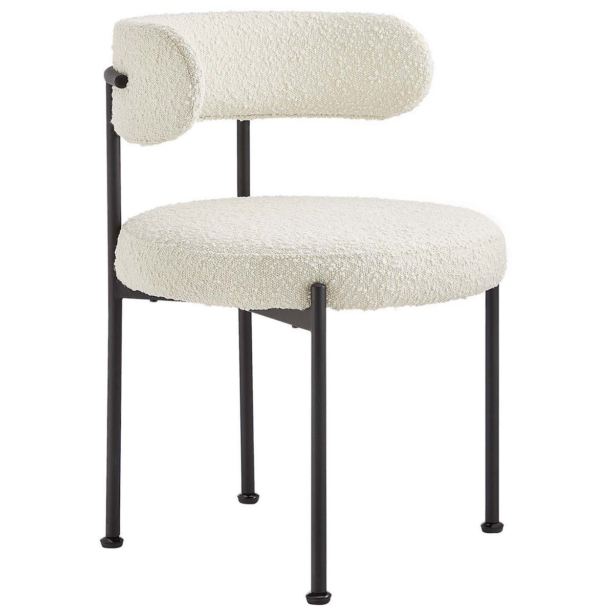 Ivory boucle dining chair with curved wraparound backrest and minimalist black metal legs. || EEI-6516-IVO-BLK || front_angle_studio