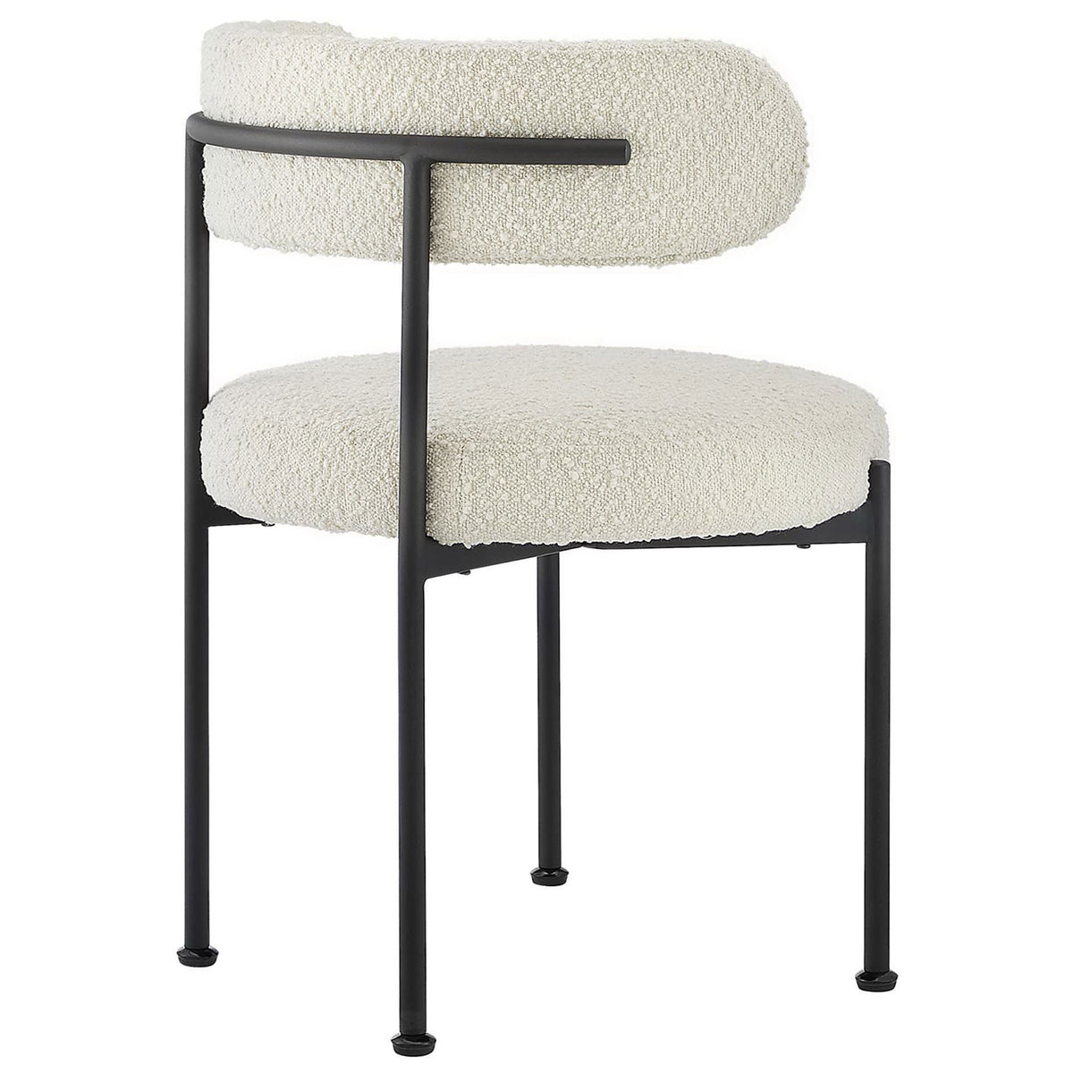 Ivory boucle dining chair with round seat and slender black metal legs. || EEI-6516-IVO-BLK || side_studio