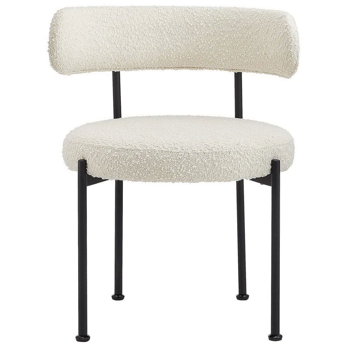 Modern ivory boucle dining chair featuring a low curved back and clean black metal frame. || EEI-6516-IVO-BLK || front_studio