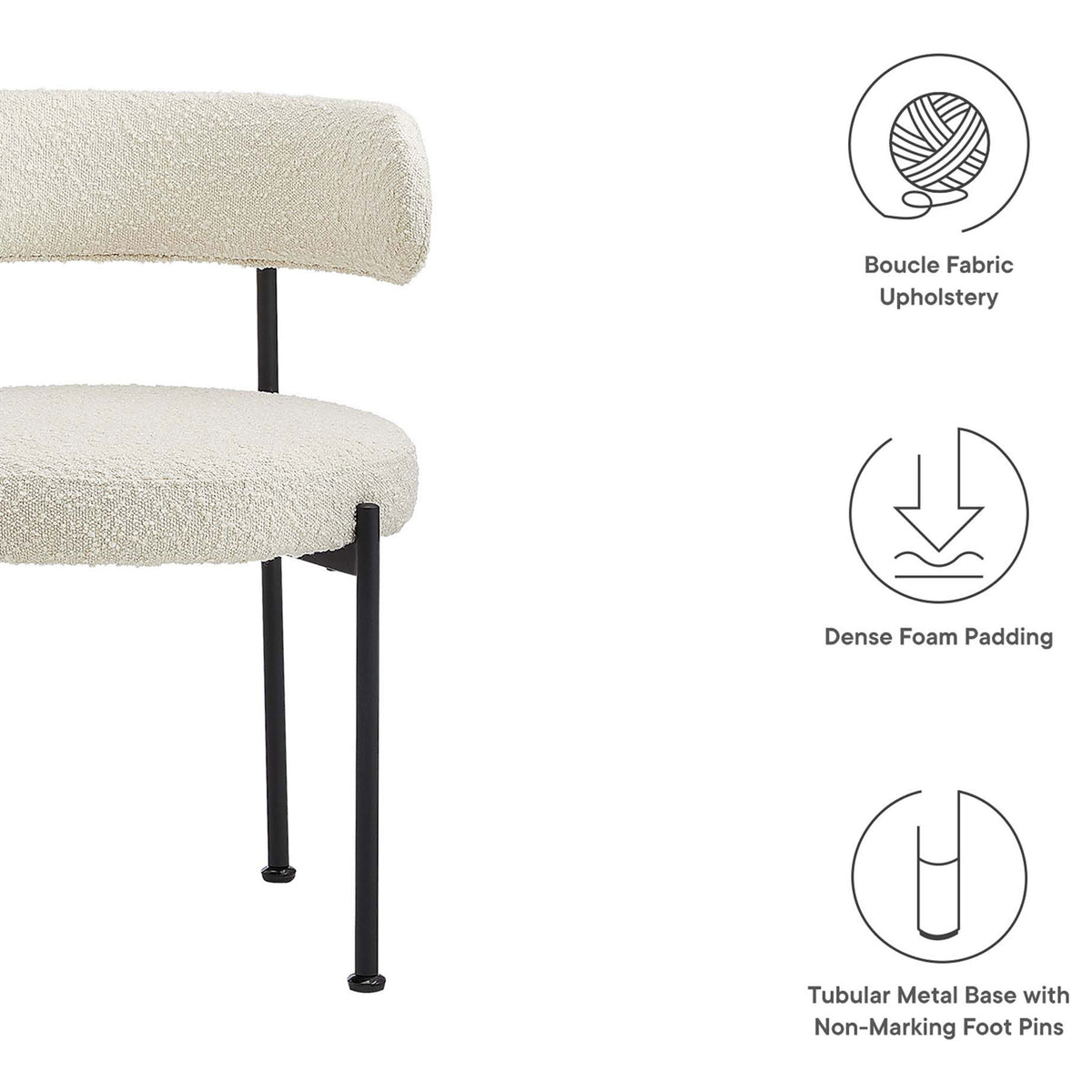 Ivory boucle dining chair with dense foam cushioning, tubular black base, and non-marking foot pins. || EEI-6516-IVO-BLK || callout_studio