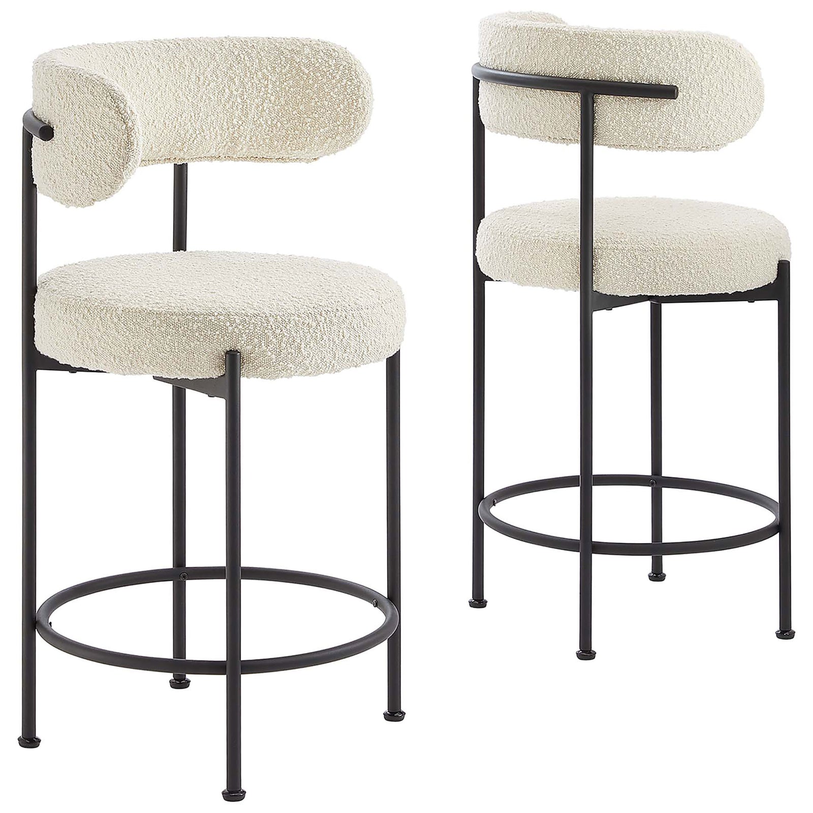 Set of two boucle counter stools with curved backrests and black tubular bases. || EEI-6518-IVO-BLK || front_angle_multi_studio