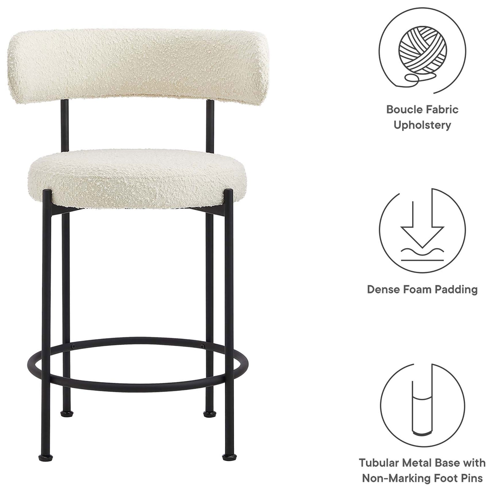 Features boucle upholstery, dense foam padding, and a tubular metal base. || EEI-6518-IVO-BLK || callout_studio