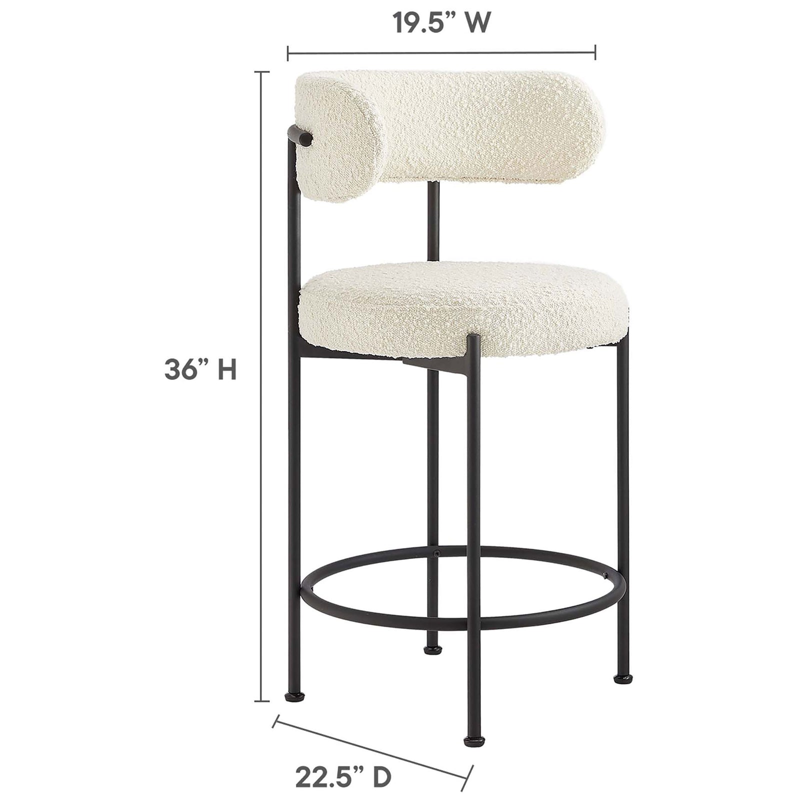 Dimensions shown for the counter stool with ergonomic curved back. || EEI-6518-IVO-BLK || dimension_studio