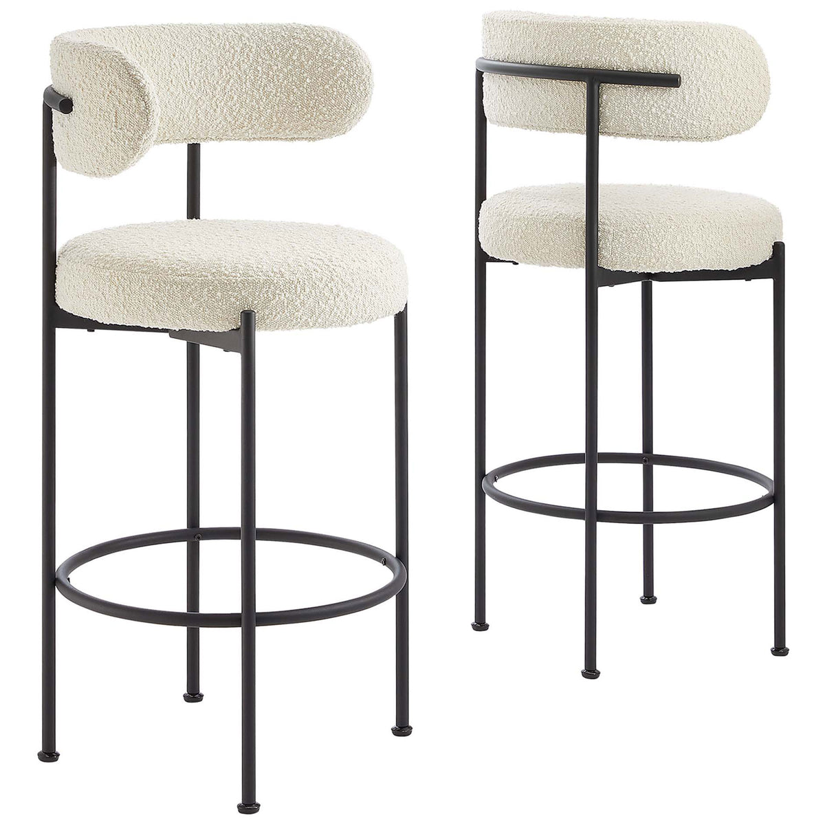 Set of two boucle bar stools with curved backrests and circular footrests. || EEI-6520-IVO-BLK || front_angle_multi_studio