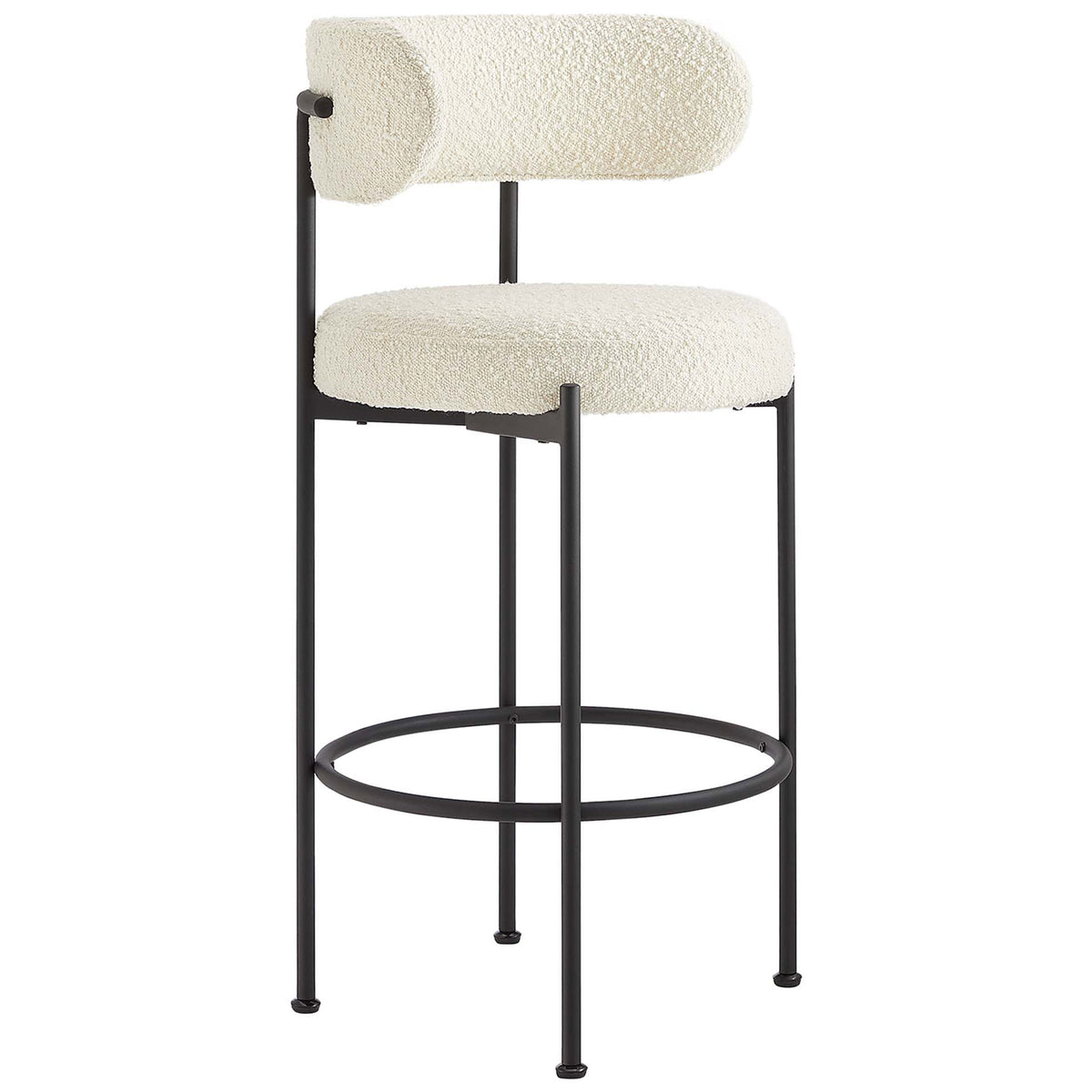 Boucle bar stool with a plush round seat and wraparound back. || EEI-6520-IVO-BLK || front_angle_studio