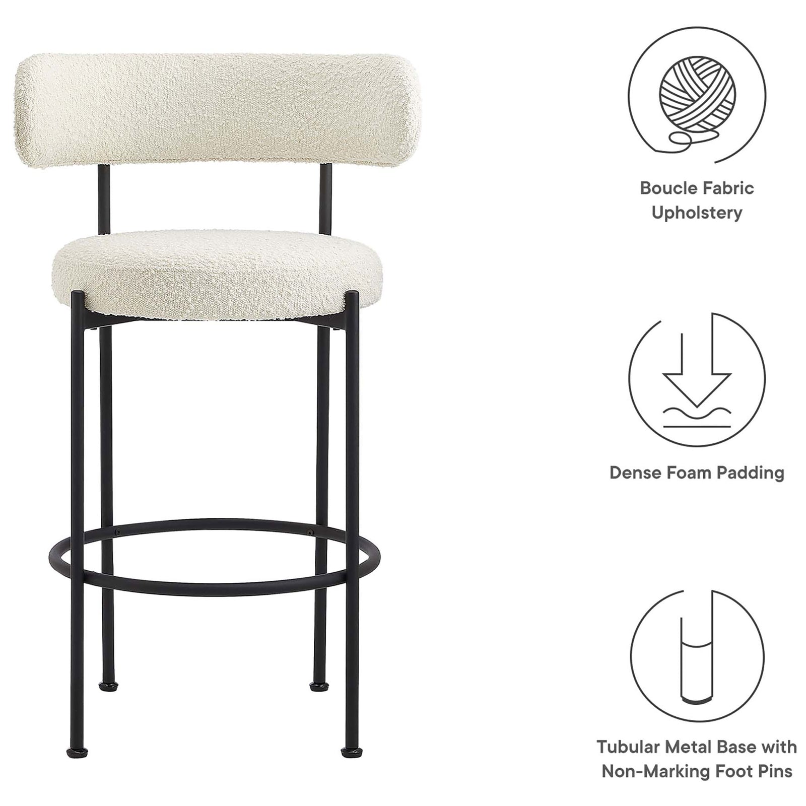 Key features: boucle fabric, dense foam padding, and non-marking foot pins. || EEI-6520-IVO-BLK || callout_studio