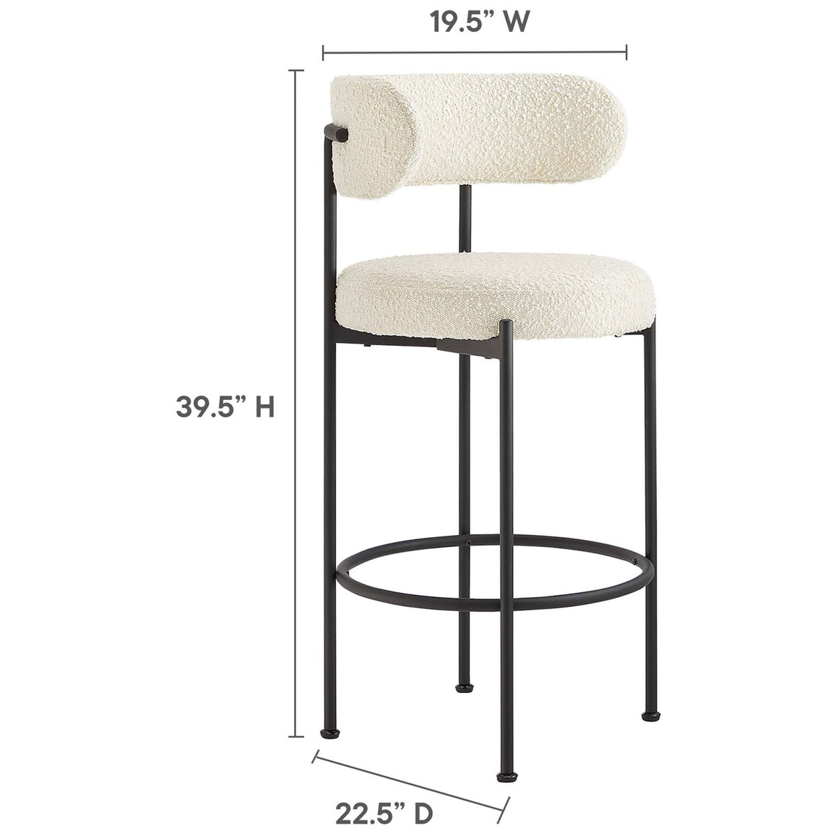 Bar stool dimensions highlighted with a rounded seat and curved back. || EEI-6520-IVO-BLK || dimension_studio