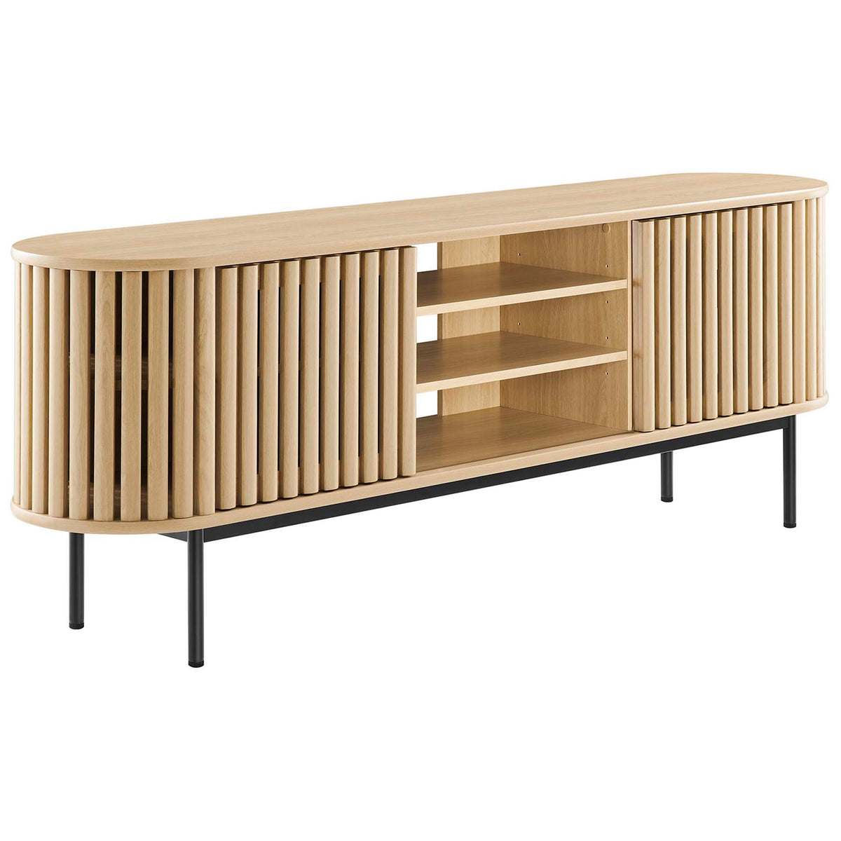 Oval oak TV stand with slatted sliding doors and open center shelves on slim black metal legs || EEI-6522-OAK || front_angle_studio