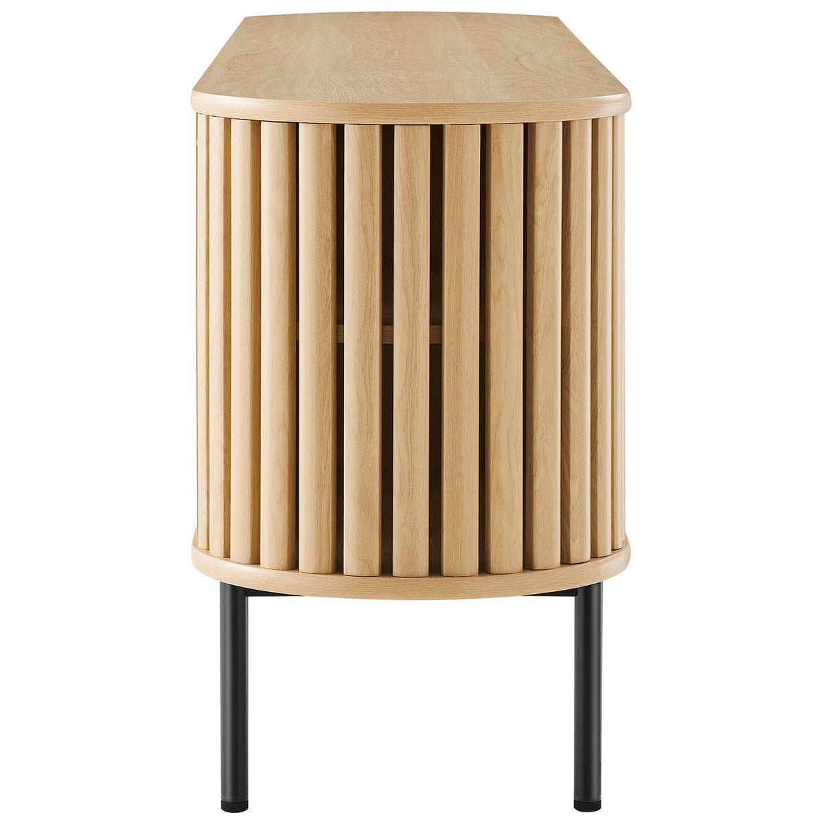Rounded oak TV stand end with vertical slatted doors and slim black metal legs for a modern look || EEI-6522-OAK || side_studio