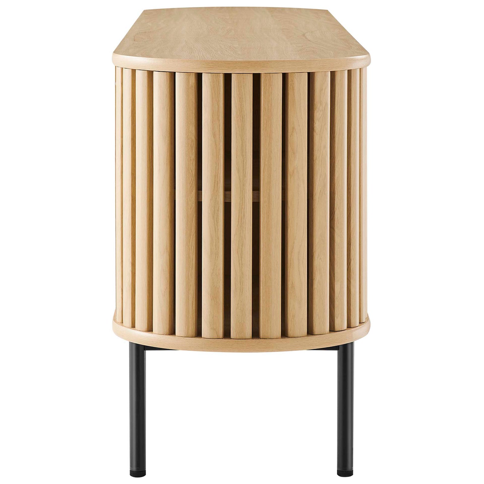 Rounded oak TV stand end with vertical slatted doors and slim black metal legs for a modern look || EEI-6522-OAK || side_studio