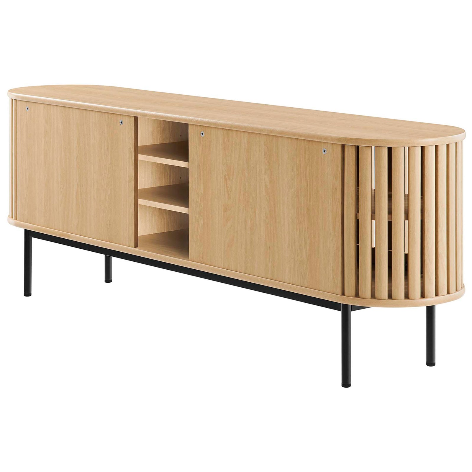 Oak TV stand with slatted doors drawn together to conceal the center compartment on black metal base || EEI-6522-OAK || back_angle_studio