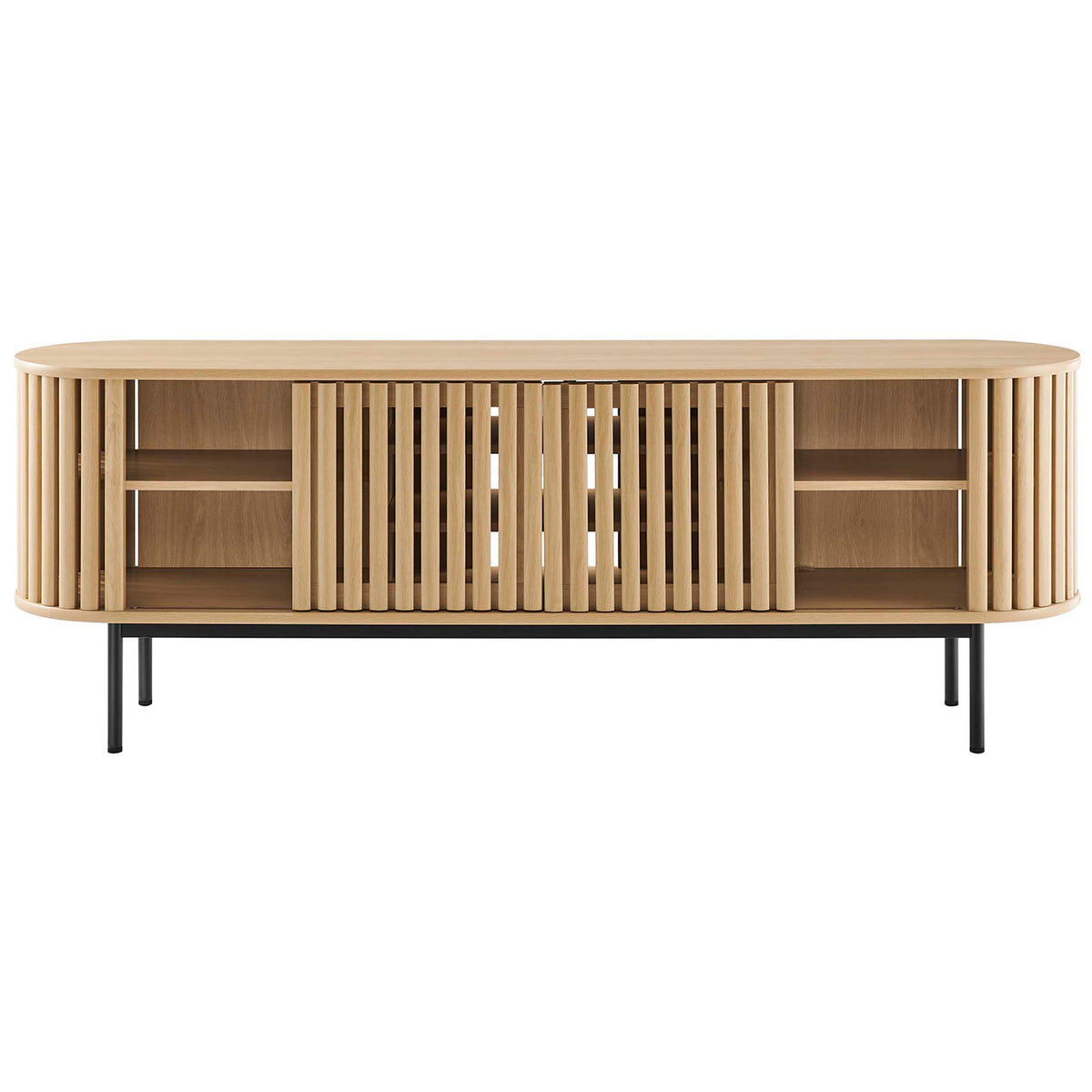 Oak TV stand with slatted doors closed across the center and open shelving at both ends for storage || EEI-6522-OAK || front_studio