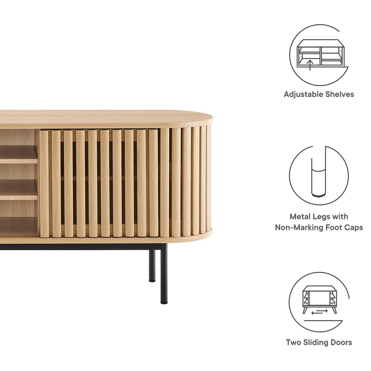 Fortitude TV stand highlighting adjustable shelves, non marking metal legs, and twin sliding slatted doors || EEI-6522-OAK || callout_studio