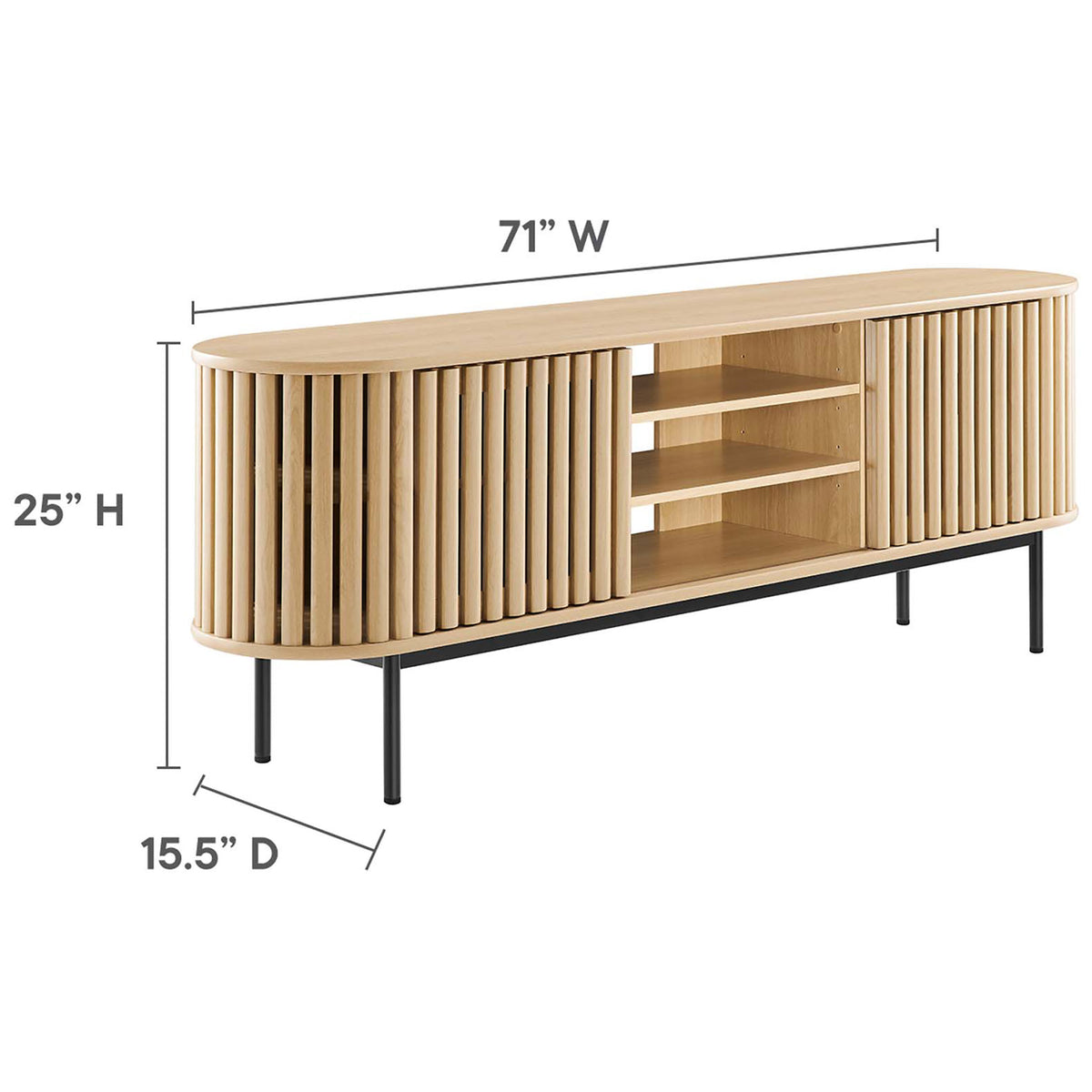 Spacious 71 inch oak TV stand with ample shelving and slatted doors sized for large flat screen televisions || EEI-6522-OAK || dimension_studio