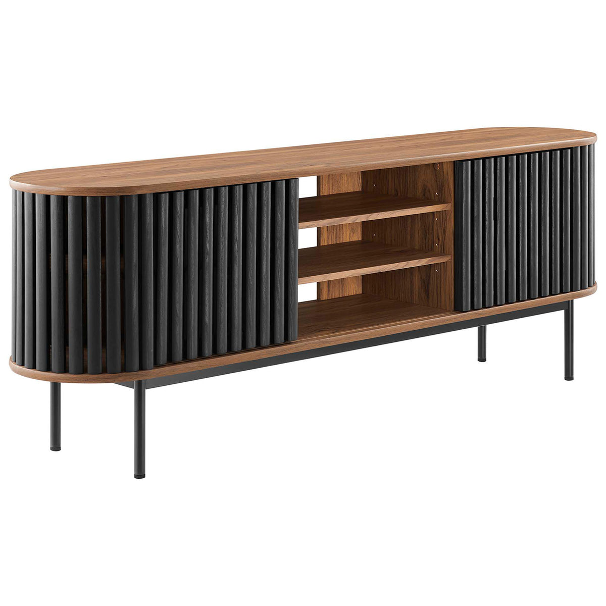 Walnut and black TV stand with slatted sliding doors and open center shelving on slim metal legs || EEI-6522-WAL-BLK || front_angle_studio