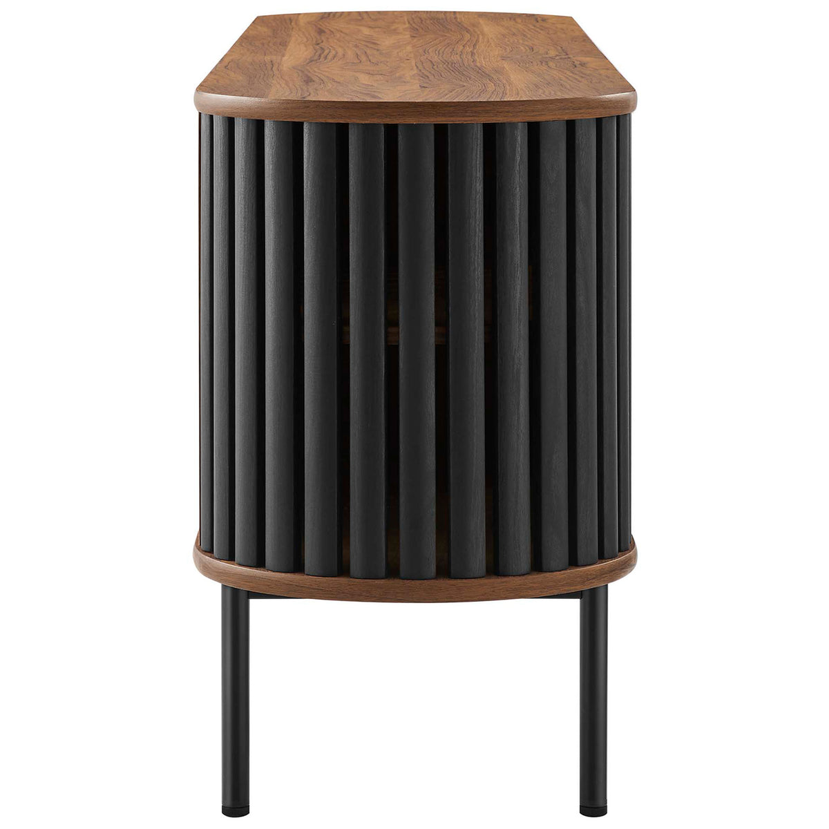 Rounded walnut TV stand end with bold black timber slats and streamlined black metal legs || EEI-6522-WAL-BLK || side_studio